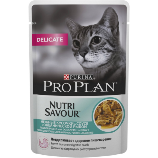 Влажный корм Purina Pro Plan Delicate для кошек с чувствительным пищеварением, океаническая рыба, пауч, 85 г