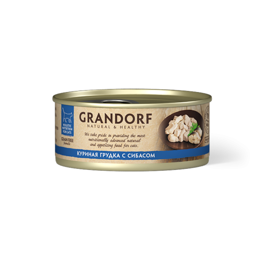 GRANDORF Куриная грудка с сибасом. Консервированный корм для кошек Грандорф 70г