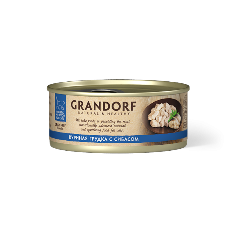 GRANDORF Куриная грудка с сибасом. Консервированный корм для кошек Грандорф 70г