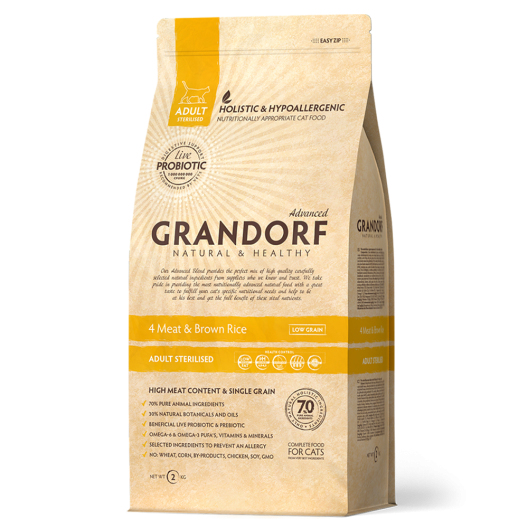 GRANDORF 4 Meat&Brown Rice Adult Sterilised - Сухой корм холистик класса  Грандорф 4 мяса с бурым рисом для взрослых стерилизованных кошек. 2 кг 