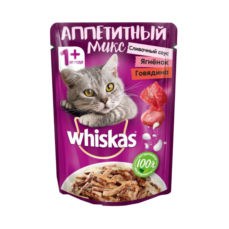 Whiskas Аппетитный микс Сливочный соус-Ягненок-Говядина Влажный корм для кошек 85 гр