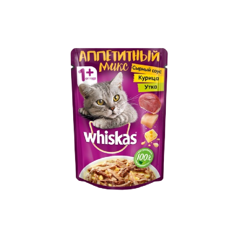 Whiskas Аппетитный Микс Сырный соус-Курица-Утка Влажный корм для кошек 85 гр