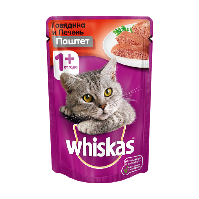 Whiskas Вискас пауч для кошек паштет говядина и печень, 85г.