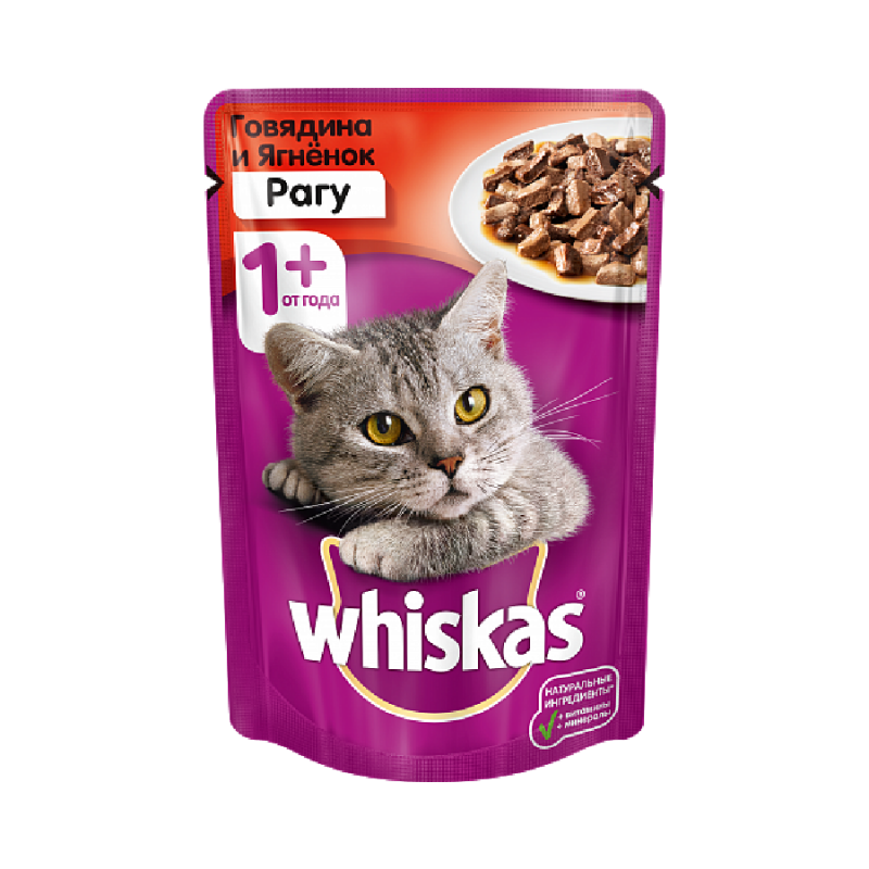 Whiskas Вискас пауч для кошек рагу говядина и ягненок, 85г. 