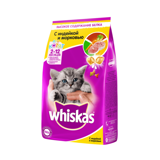 Whiskas Корм сухой для котят Whiskas "Вкусные подушечки", с молоком, с индейкой и морковью, 1,9кг