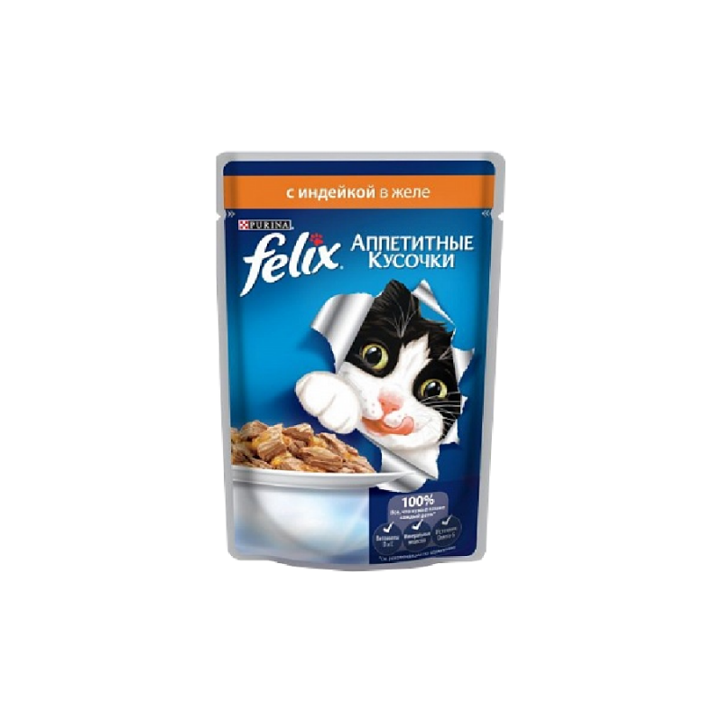 Felix Влажный корм для кошек Purina Felix Аппетитные кусочки, индейка, пауч, 85 г