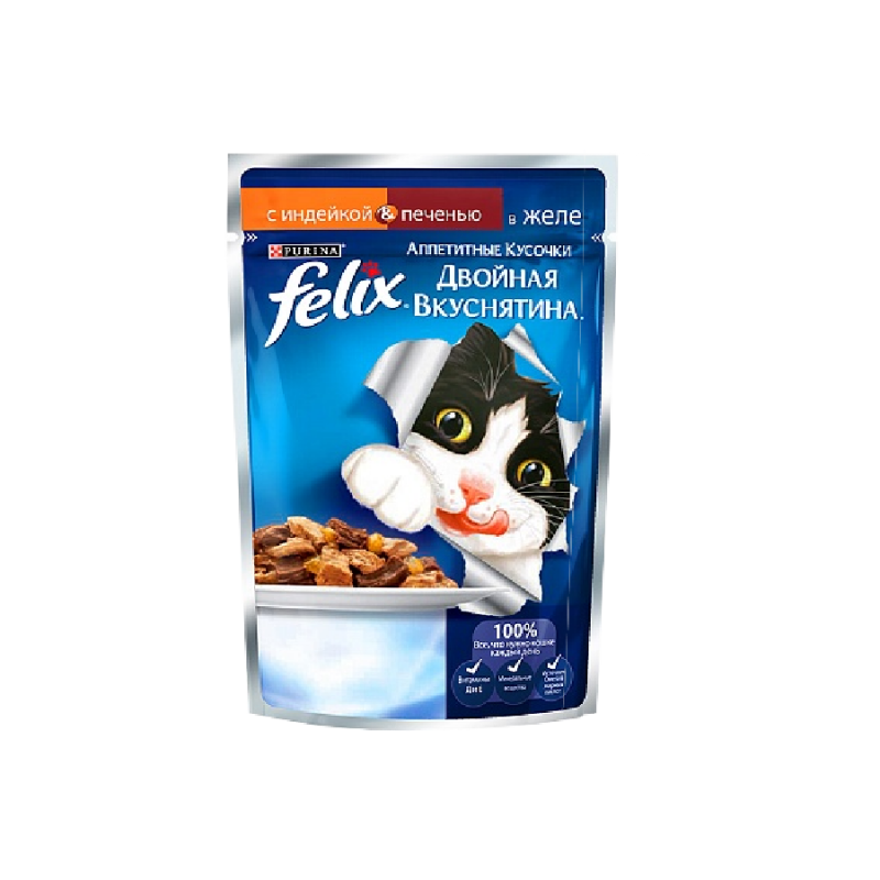 Влажный корм для кошек Purina Felix Аппетитные кусочки Двойная вкуснятина, индейка и печень, пауч, 85 г
