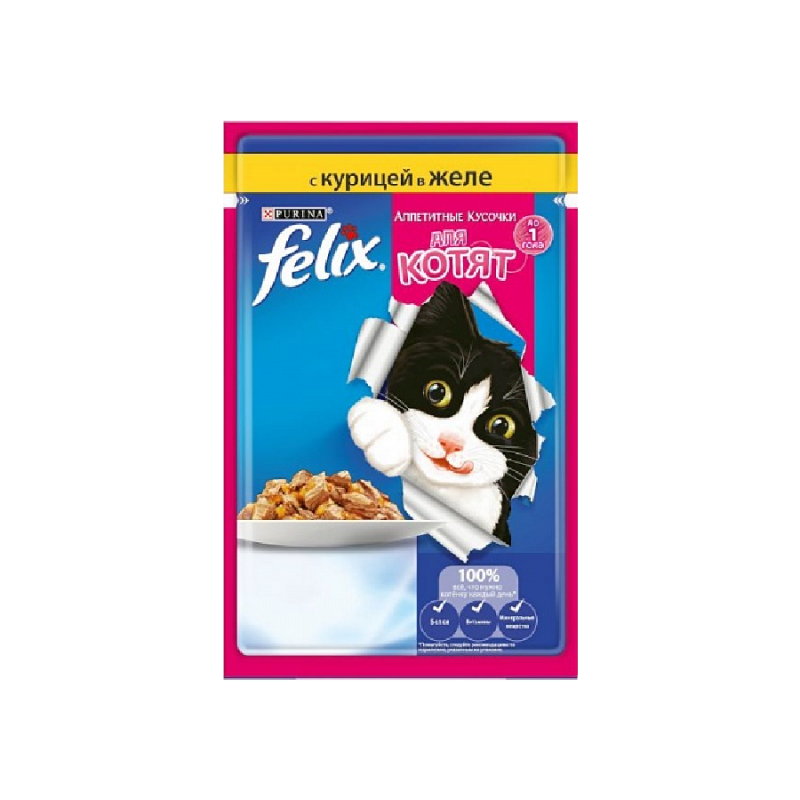Felix Влажный корм для котят Purina Felix Аппетитные кусочки, курица, пауч, 85 г