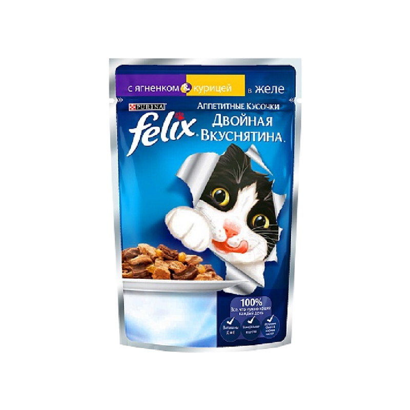 Влажный корм для кошек Purina Felix Аппетитные кусочки Двойная вкуснятина, ягнёнок и курица, пауч, 85 г 