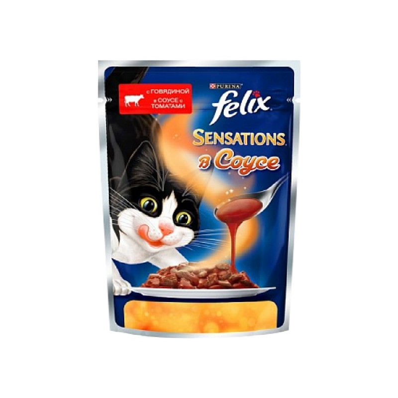 Felix Влажный корм для кошек Purina Felix Sensations в Удивительном соусе, говядина и томаты, пауч, 85 г 
