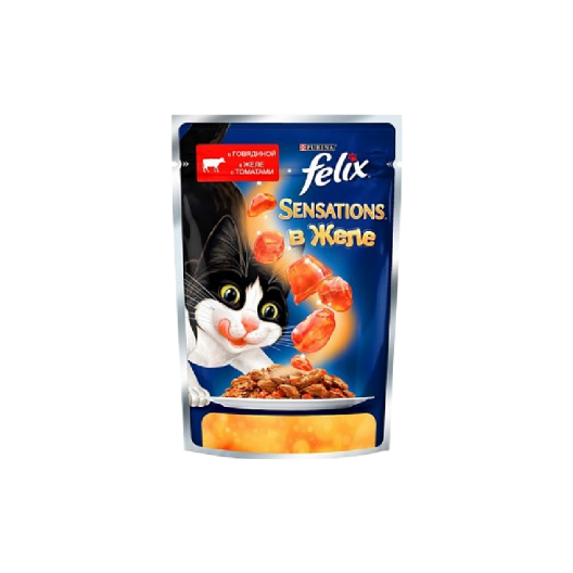 Felix Влажный корм для кошек Purina Felix Sensations,желе говядина с томатами, пауч, 85 г
