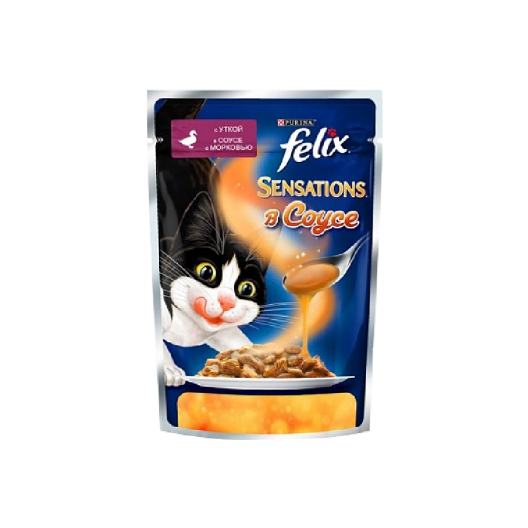 Felix Влажный корм для кошек Purina Felix Sensations в Удивительном соусе, утка с морковью, пауч, 85 г 