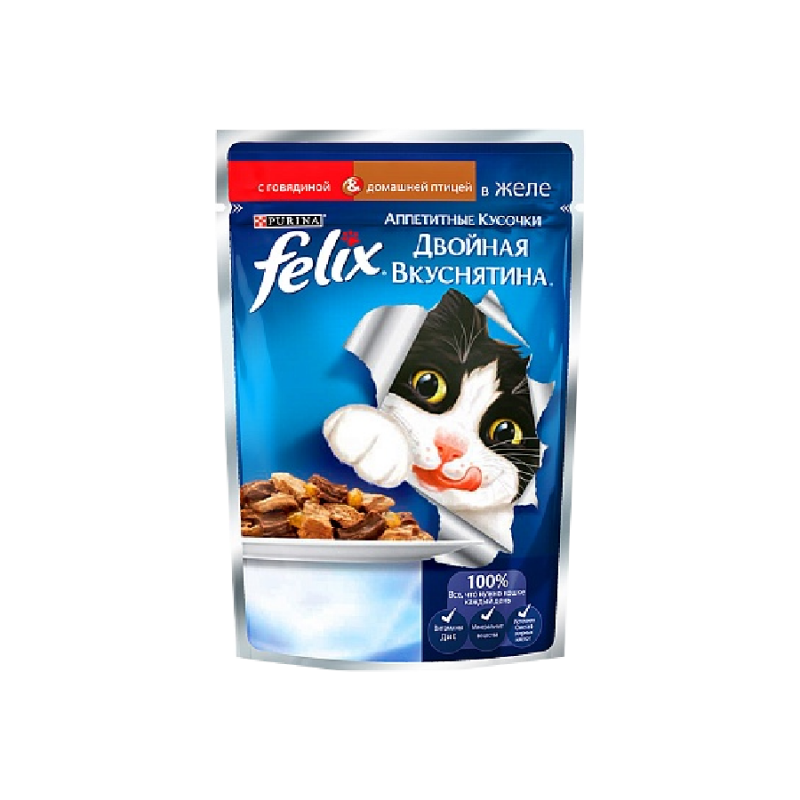 Влажный корм для кошек Purina Felix Аппетитные кусочки Двойная вкуснятина, говядина и птица, пауч, 85 г