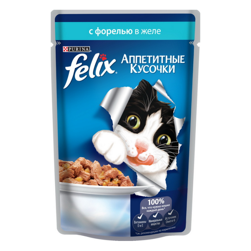 Felix Влажный корм для кошек Purina Felix Аппетитные кусочки, форель, пауч, 85 г