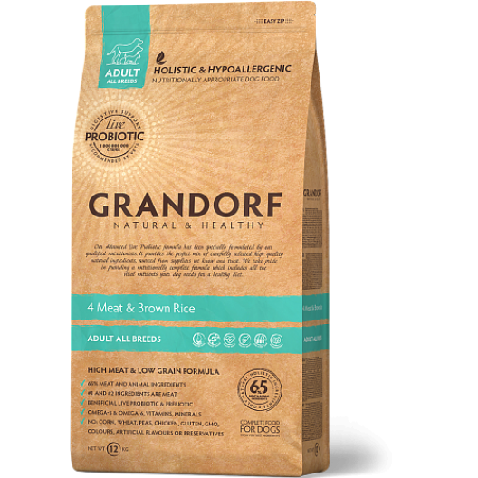 Grandorf Adult All Breeds 4meat&brown rice 3kg. Грандорф сухой корм для собак всех пород холистик класса "4 мяса с бурым рисом" 3кг.
