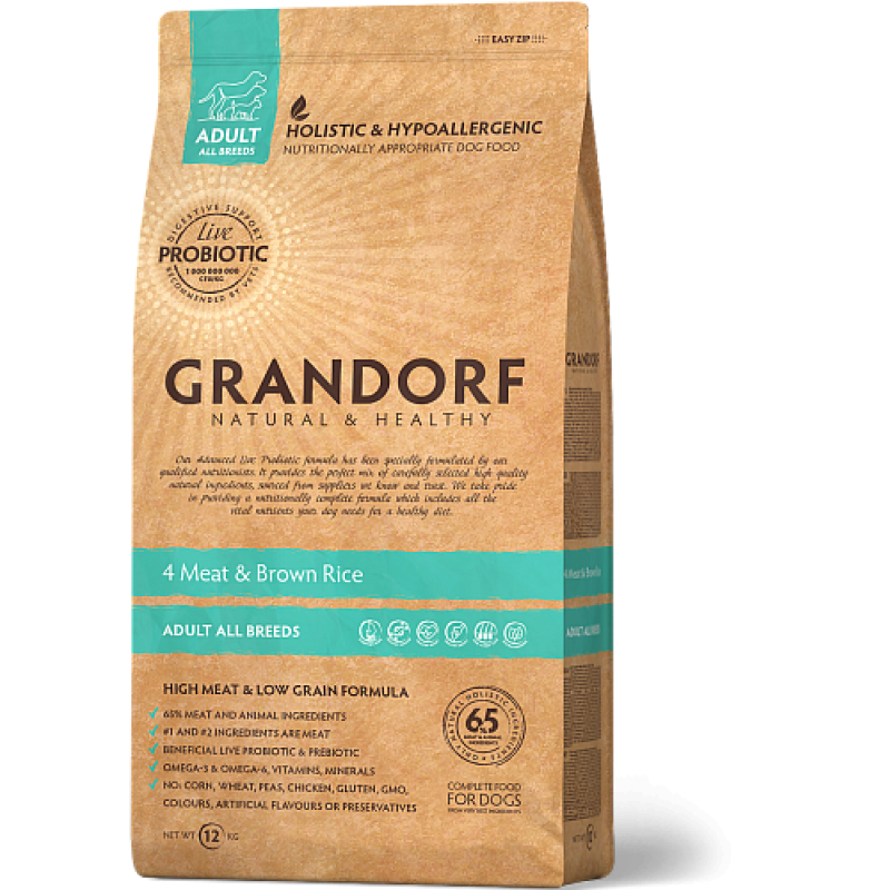 Grandorf Sensitive Care Holistic 4 Meat and Brown Rice Adult All Breeds - Грандорф Сухой корм холистик класса 4 вида мяса для собак всех пород с чувствительным пищеварением и склонных к аллергии , 12 кг