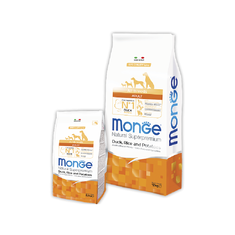 Monge Speciality line Duck All Breeds. Монже Монопротеиновый сухой корм с уткой, рисом и картошкой для взрослых собак всех пород, 12 кг
