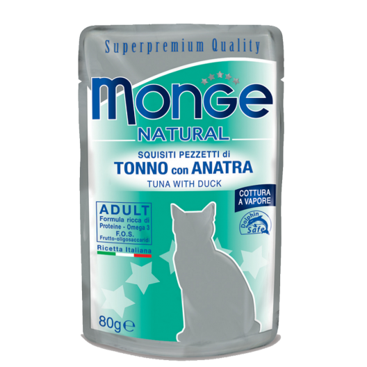 Влажный корм супер-премиум класса Monge Natural Tuna with Duck Adult. Монже для кошек с тунцом и уткой в желе. Пауч 80 гр. 