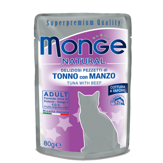 Влажный корм супер-премиум класса Monge Natural Tuna with Beef Adult. Монже для кошек с тунцом и телятиной в желе. Пауч 80 гр.