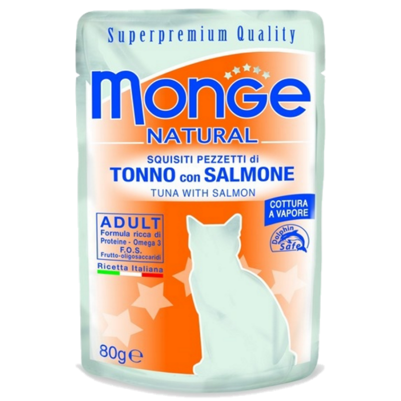 Влажный корм супер-премиум класса  Monge Natural Tuna with Salmon Adult. Монже для кошек с тунцом и лососем в желе.  Пауч 80 гр.