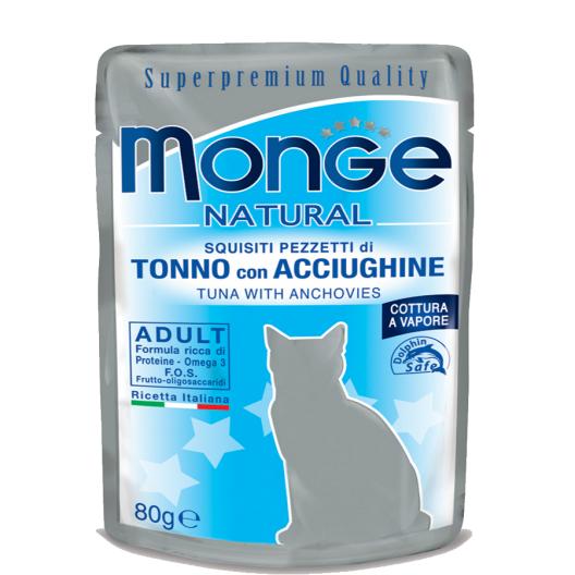 Влажный корм супер-премиум класса  Monge Natural Tuna with Anchovies Adult. Монже для кошек с тунцом и анчоусами в желе. Пауч 80 гр