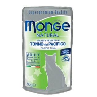 Влажный корм супер-премиум класса  Monge Natural Pacific Tuna Adult. Монже для кошек с атлантическим тунцом  в желе. Пауч 80гр