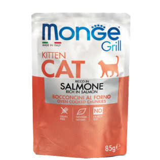 Влажный корм  Monge Grill Salmon Kitten. Запеченные кусочки для котят с лососем 85 грамм. Пауч Монже Гриль 85 гр. 