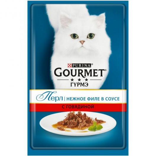 Purina Gourmet Perle. Влажный корм для кошек Гурмэ Перл старше 1 года нежные мини кусочки говядины в соусе.  Пауч 85 гр. 