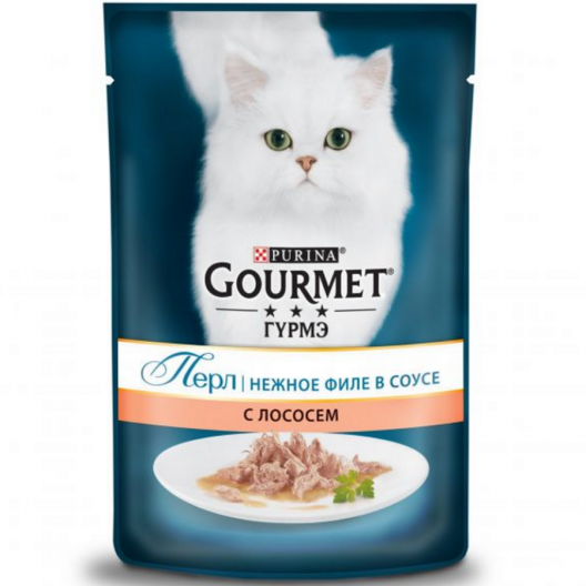 Purina Gourmet Perle. Влажный корм для кошек Гурмэ Перл старше 1 года нежное филе лосося в соусе.  Пауч 85 гр.