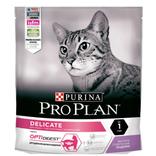 Pro Plan OptiDigest Delicate. Полнорационный сухой корм Про План для котов и кошек с чувствительным пищеварением и привередливых в еде,  со вкусом индейки. 400гр. 