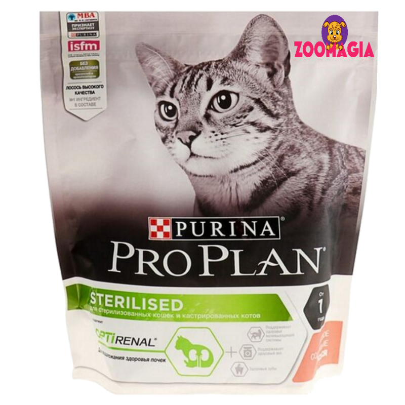Pro Plan Optirenal Sterilised. Полнорационный сухой корм Про План  для стерилизованных кошек и кастрированных котов со вкусом лосося.   400гр. 