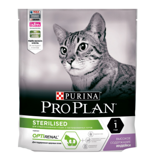 Pro Plan Optirenal Sterilised. Полнорационный сухой корм Про План для стерилизованных кошек и кастрированных котов со вкусом индейки.  400гр. 