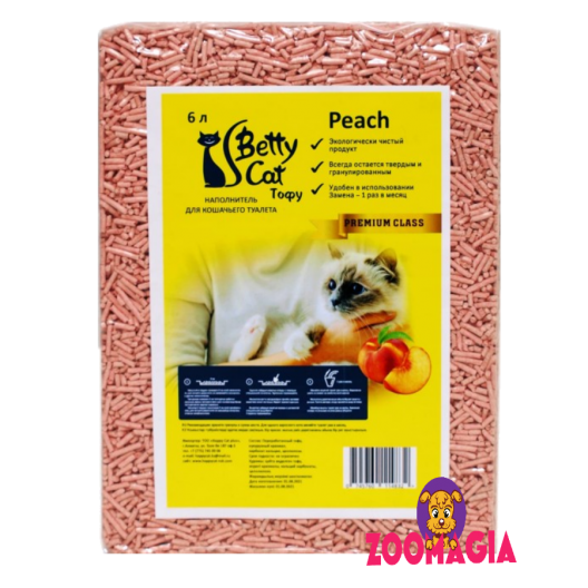 Премиальный соевый наполнитель тофу для кошек и котят Бетти Кэт с ароматом персика. Betty Cat Tofu peach 6l.  Комкующийся туалет для кошек и котят.  